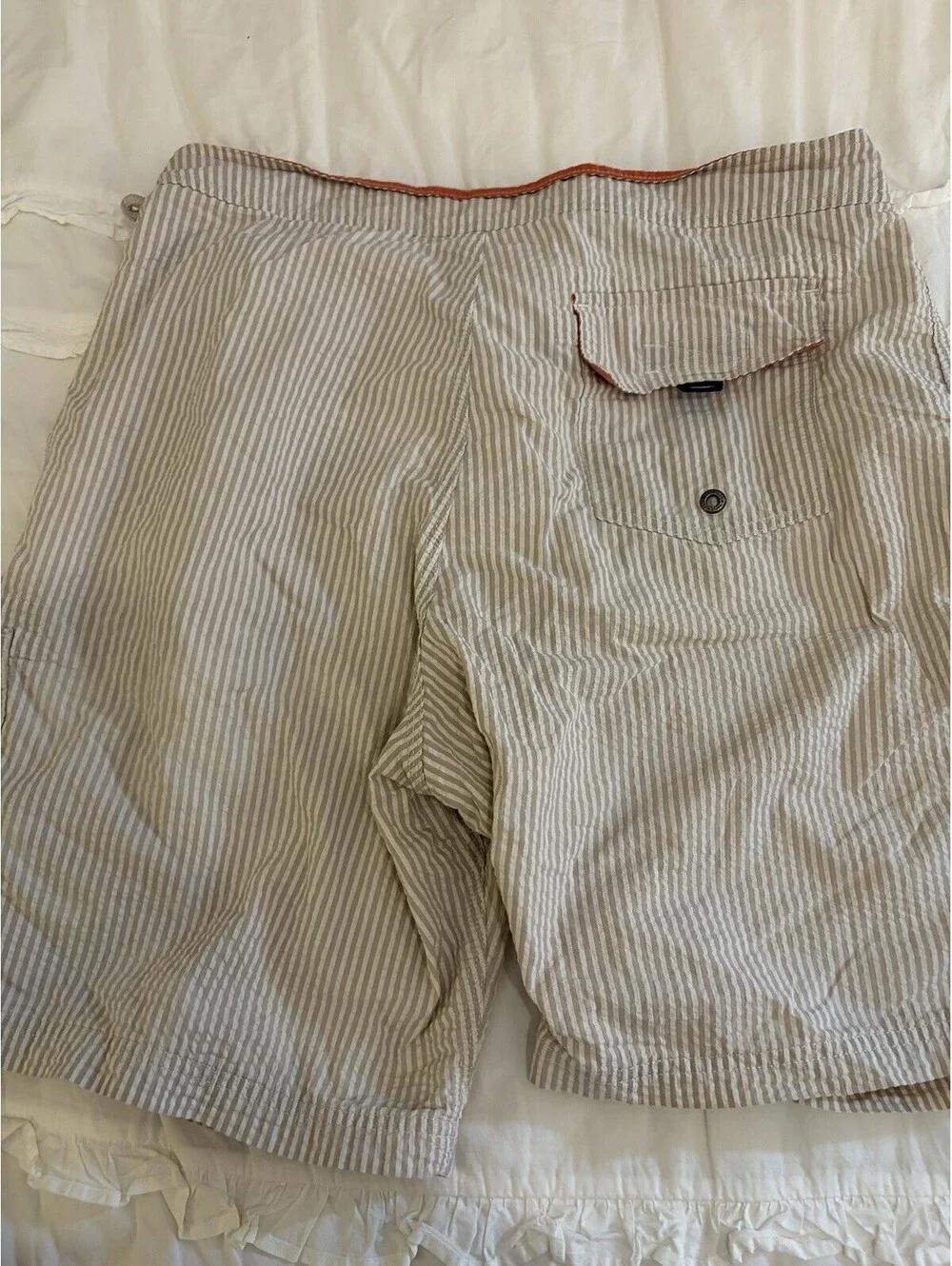 J.Crew The Original Longboard Shorts Mens 36 Taupe Gray Stripe Seersucker